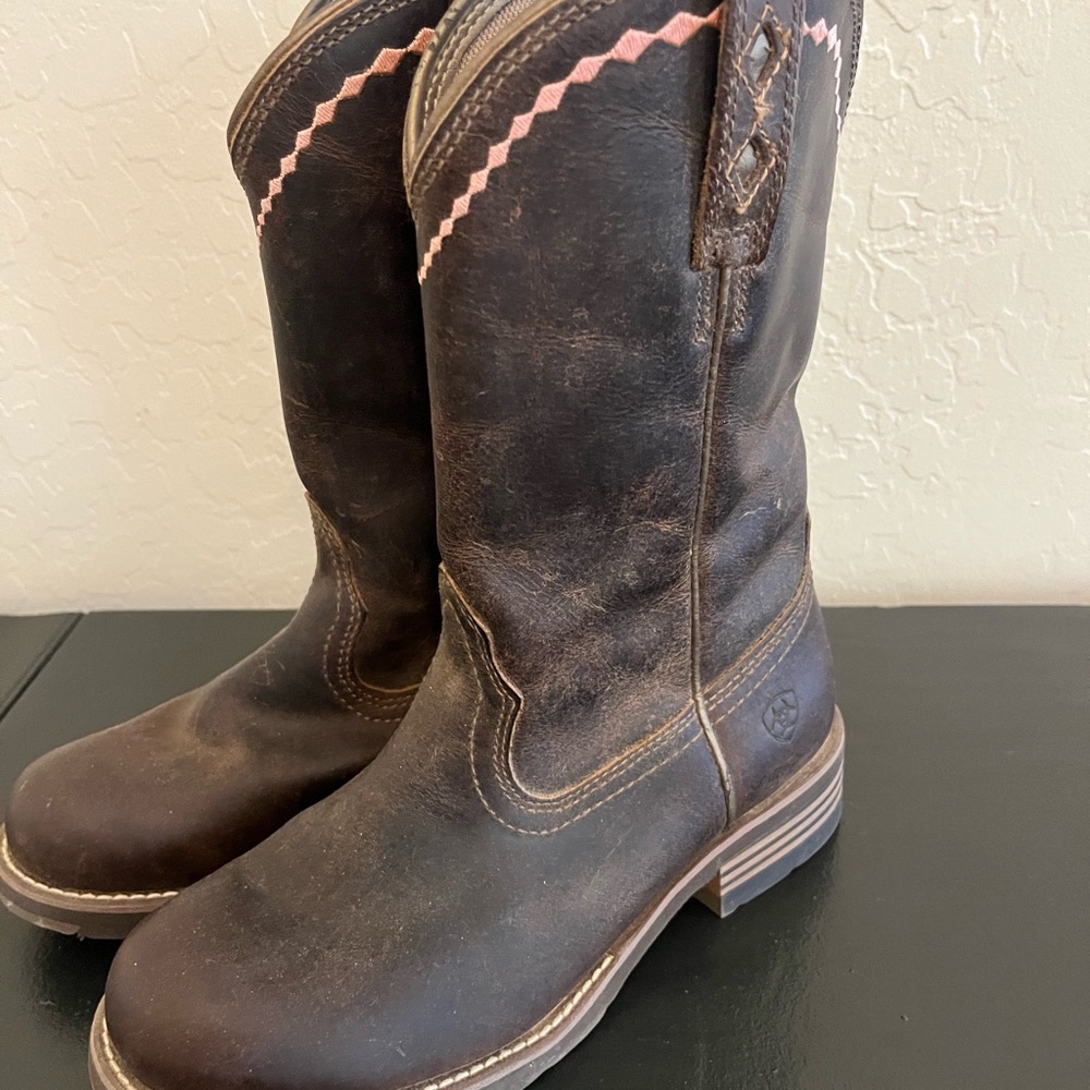 Ariat Dark Brown Leather Boots with Pink Stitching